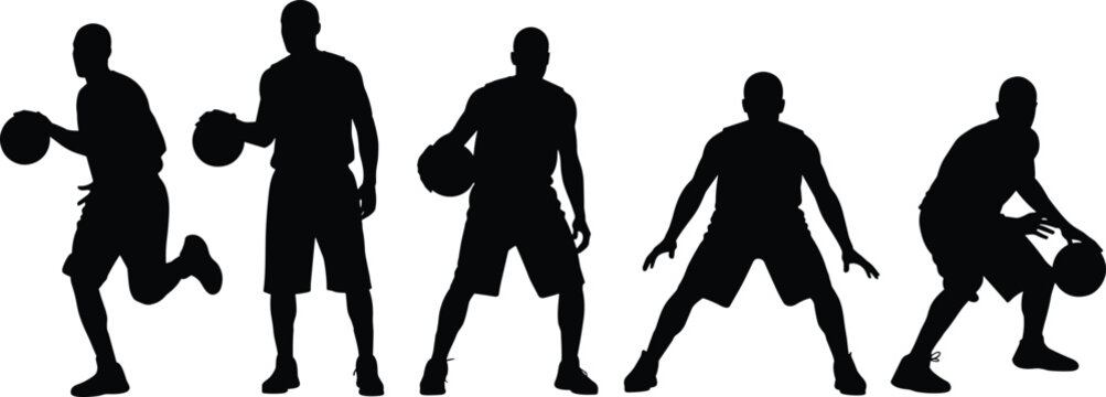 Silhouette basketball players in action, dribbling, guarding, dynamic poses, competitive game, teamwork concept, fitness training, sports illustration, athletic movement