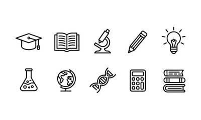 A collection of flat style vector illustration back-to-school icons in black on a white background education, learning, study tools, science, school, and academic themes, easily editable and scalable.