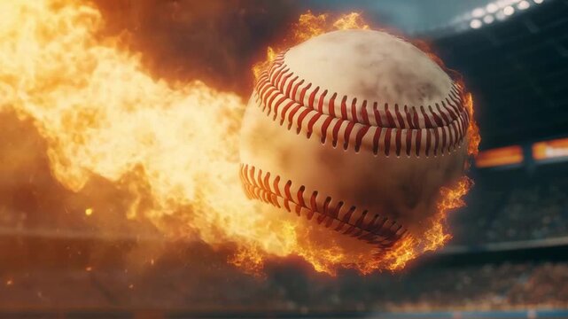 A flaming baseball flying through the air in a packed sports arena, captivating fans with its intensity and speed