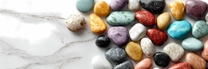 A vibrant collection of polished tumbled stones in a variety of colors and textures arranged on a white marble surface