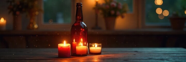 Elegant wine bottle transformed into a captivating candle holder, casting a warm, romantic glow  Perfect for home decor, ambiance, and special occasions ,  candlelight,  summer
