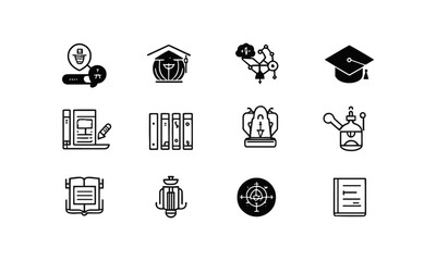 A collection of flat style vector illustration back-to-school icons in black on a white background education, learning, study tools, science, school, and academic themes, easily editable and scalable.