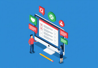 Online survey and feedback collection with digital icons and people