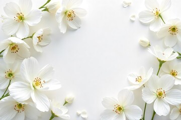 Elegant white background adorned with delicate white flowers, perfect for wedding invitations, blogs, or feminine branding Soft, ethereal, and pure floral design , clean background, blossom
