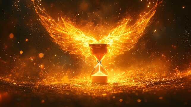 Mystical hourglass with golden wings in flight