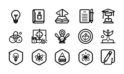 A collection of flat style vector illustration back-to-school icons in black on a white background education, learning, study tools, science, school, and academic themes, easily editable and scalable.