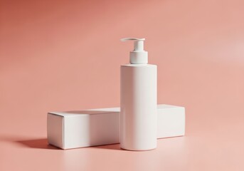A clean and modern mockup of a white pump bottle and box likely for a beauty or home care product presented on a pale pink background