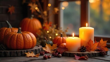 Cozy autumn scene with burning candles, warm lighting, and fall decor Perfect for blogs, websites, or social media related to home decor, seasonal celebrations, and relaxation , warm, vintage