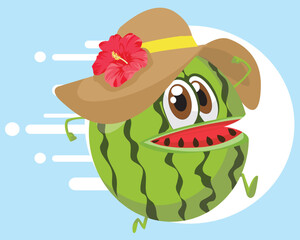 Vector illustration, cute watermelon character with a nice smile and summer hat. running watermelon