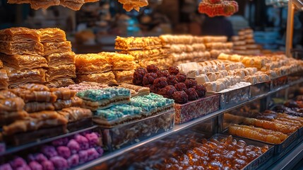 Displaying Assorted Sweets and Pastries in a Market Stall