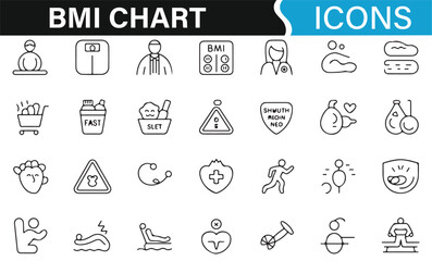Wellness and fitness icons for BMI chart analysis and health tracking