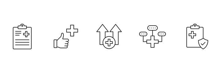 Medical report, healthcare approval, health progress, treatment communication, secure patient record, clinical feedback icon vector illustration set.
