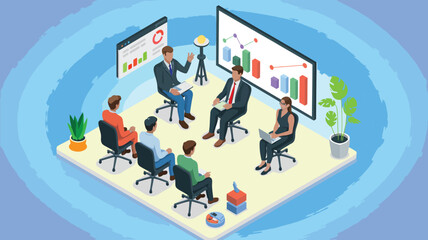 Team leader presenting data analytics in modern meeting room with digital charts and seated professionals in circular collaborative setup.