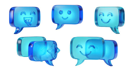 Glass-like chat bubbles with emojis floating on a white background representing communication social media and online interaction