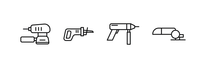 Power tool collection with drill saw gun sander line style icon vector illustration for industrial construction equipment and hardware work.