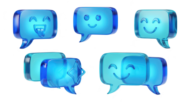 Glass-like chat bubbles with emojis floating on a white background representing communication social media and online interaction