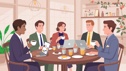 Diverse team in casual business meeting around round table with laptops, tablet, charts, food, and greenery in cozy modern office setting.