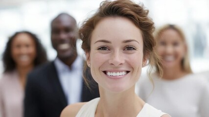 A confident and cheerful woman smiling brightly, surrounded by a diverse group of colleagues. 