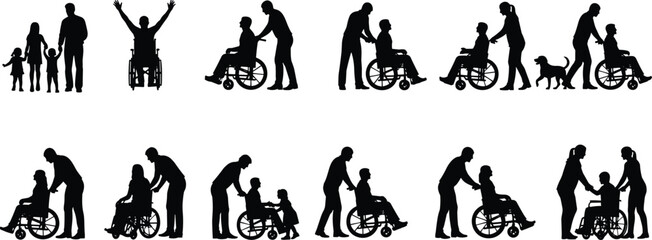 Silhouette of inclusive family caregiving, wheelchair support, unity, compassion, diverse relationships, disability assistance, heartwarming interactions, vector scene, everyday connection