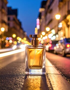Fototapeta Perfume bottle on urban street, a captivating blend of luxury and city vibes. explore the aromatic scent of top notes.