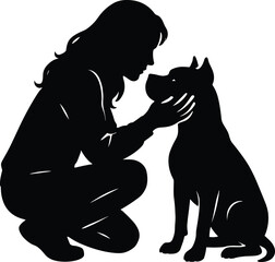 Silhouette of person bonding with dog, emotional connection illustration, pet affection artwork, companionship moment, black and white artistic scene