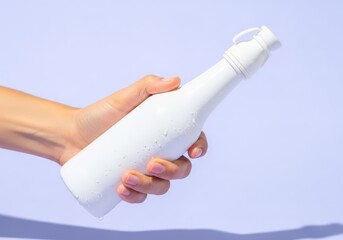 Fototapeta premium Hand holding a white bottle mockup against a light purple background