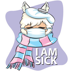 Sick llama character with mouth mask, cute alpaca animal cartoon vector Illustration