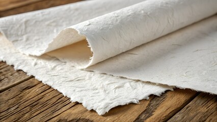Handmade Paper with Textured Fibers on Wooden Surface &ndash; Artisanal Material for Branding and Editorial Design