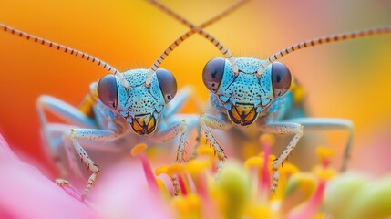 Fototapeta premium Close-up of vibrant insects on colorful flower petals