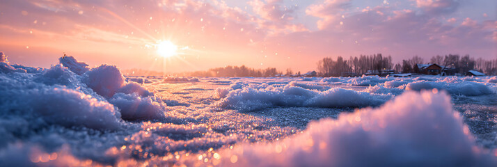Majestic winter sunrise illuminates a frozen landscape with dramatic ice formations and soft pastel clouds