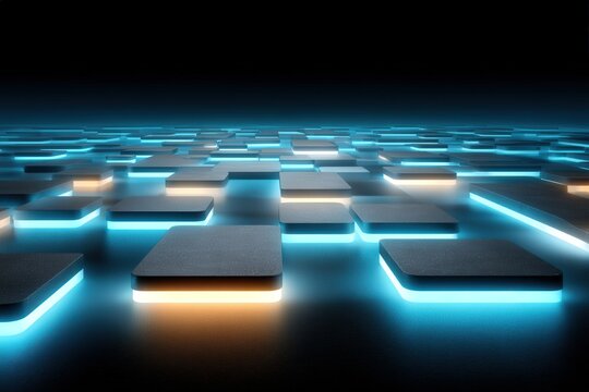 Minimal concept of Futuristic background, isometric grid of space structures with sci-tech glow layering, stacked panels and radiant edges, modular lighting cues and deep shadow grid, futuristic