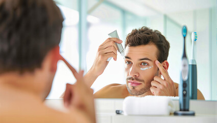 A man applying anti-aging face cream, a daily skincare routine. A concept of men's beauty and grooming in front of a bathroom mirror in the morning