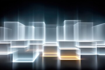 Minimal concept of Futuristic background, infinite cube floating in darkness with glowing tech panels along edges, softly glowing lines and volumetric shadows, conceptual advanced system design, bold