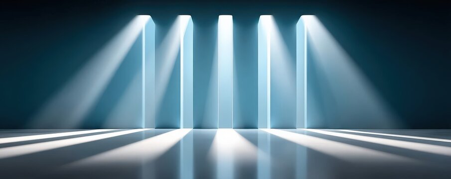 Minimal concept of Futuristic background, light matrix beams projecting across radiant gradient scheme, deep blur at vanishing point, structured movement and sleek symmetry, spatial hierarchy with