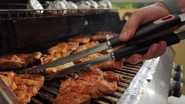 Watch the video of grilling steaks on a gas grill for a delicious cooking experience. Ribeye or pork steaks are prepared with tongs, showcasing the art of grilling cuisin
