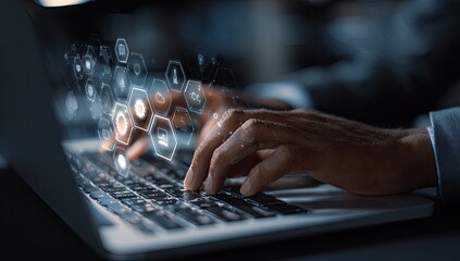 Hands typing on a laptop with digital icons overlay