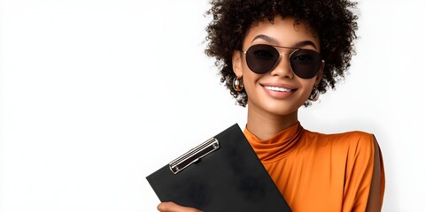 Studio Portrait of a Confident Young Woman with Natural Curly Hair and Fashionable Accessories
