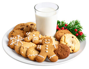 Plate of Christmas Cookies with Festive Decorations and Milk Glass Isolated on Transparent Background PNG (2)