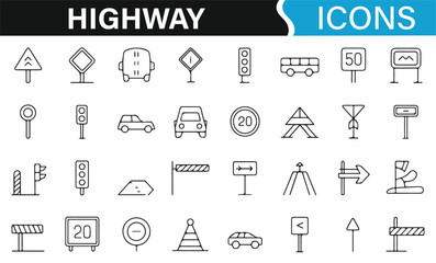 Highway and road icons for traffic signs, vehicles, and street features