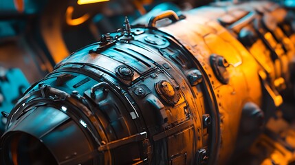 Intricate Industrial Machinery Close-up with Detailed Metalwork and Lighting