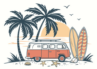 Retro Surfer Lifestyle Illustration with Vintage Beach Van, Palm Trees, Surfboards, and Ocean Scenery