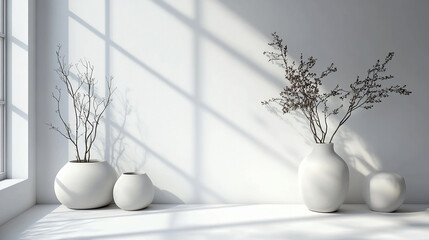 Minimalist interior with white vases and dried branches casting shadows on a white wall near a window