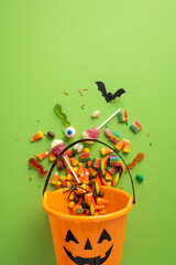 Halloween-themed vertical image with candies, a pumpkin bucket, and bat shapes on a green backdrop