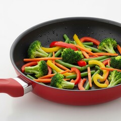 Angled View of Red Teflon Frying Pan with Stir-Fried Vegetables &ndash; 3D Realistic Render
