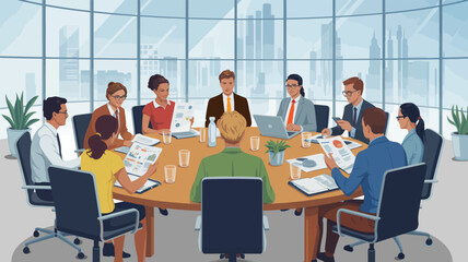 Diverse corporate team in strategy meeting around large round table with laptops and documents in modern office overlooking cityscape.