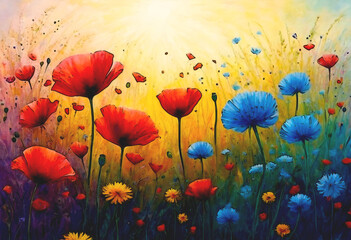Fototapeta premium Bright watercolor illustration featuring vivid red poppies and delicate blue chicory flowers, perfect for vibrant floral designs.