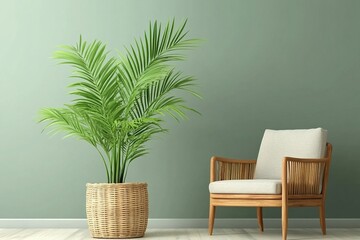 3D rendering of a green palm plant in a wicker pot, a wooden armchair against a green wall in a home interior, mockup for home interior design or wallpaper composition