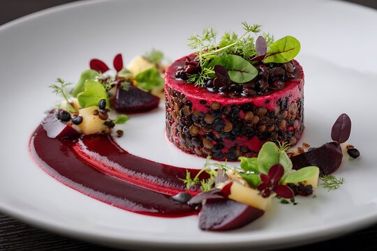 Gourmet beet and lentil terrine artfully plated with fresh herbs and vibrant sauce, a culinary masterpiece for fine dining