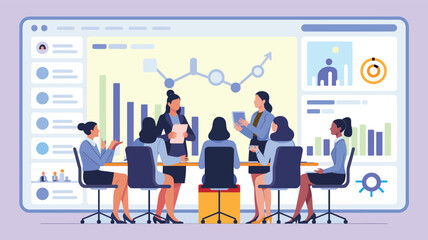 Diverse business team in modern office analyzing data on digital screen, discussing corporate strategy and performance growth metric.