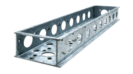 Structural timber connector plate, galvanized steel, pre-punched holes, isolated on Transparent background